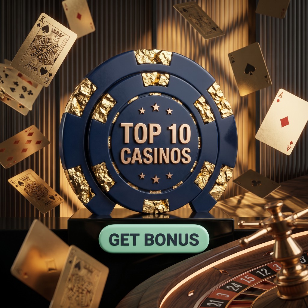Casino chip marked Top 10 Casinos, with playing cards and a roulette wheel